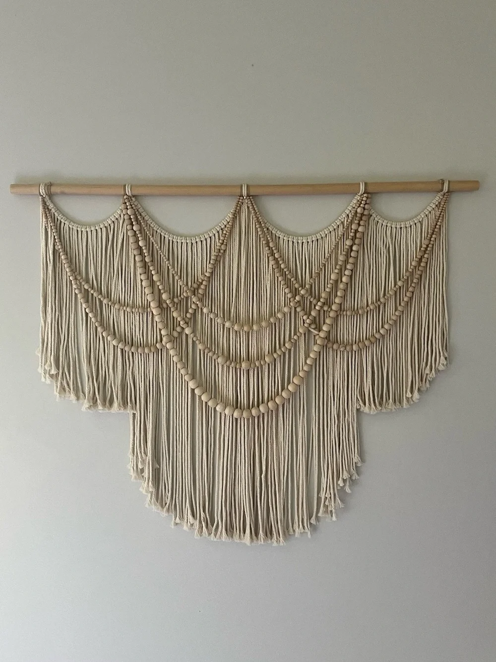 Handcrafted Cream Macrame Wall Hanging with Wooden Beads 27” x 31”